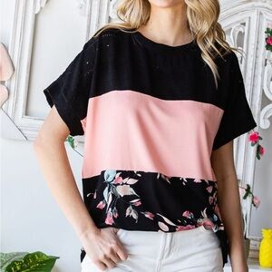 7th Ray Black and Pink Floral Block Top